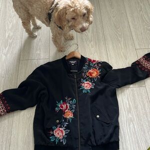 Johnny was bomber silk black embroidered jacket.